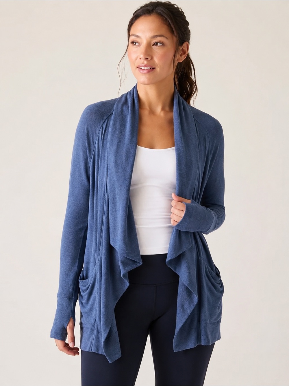 Athleta Blue Open Front Drape Cardigan Small Modal Thumbhole Pockets